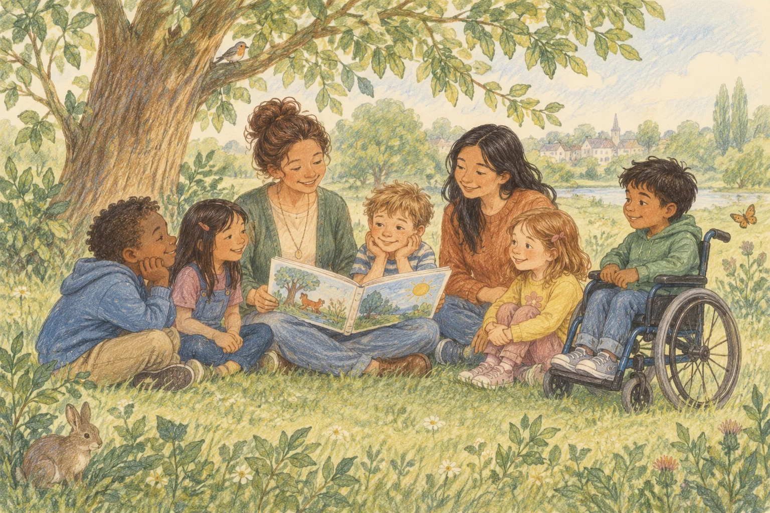 Coloured-pencil illustration of children and caring adults sharing a story beneath a tree.