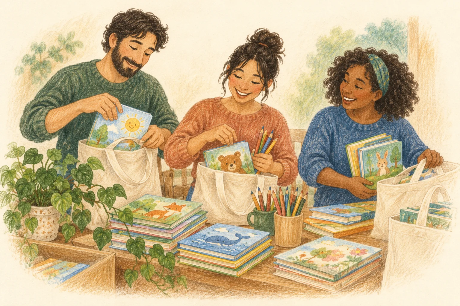 Coloured-pencil illustration of volunteers preparing books and pencils together.