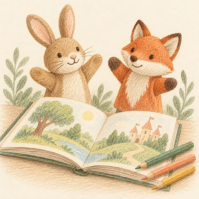 Coloured-pencil illustration: a storybook, puppets and pencils.