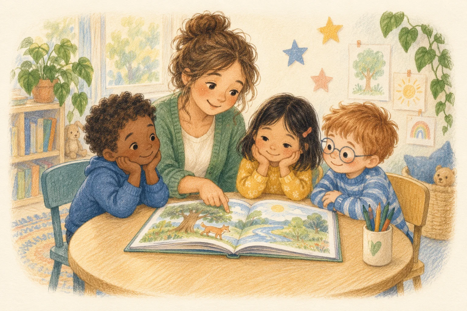 Coloured-pencil illustration of an educator reading with three children.